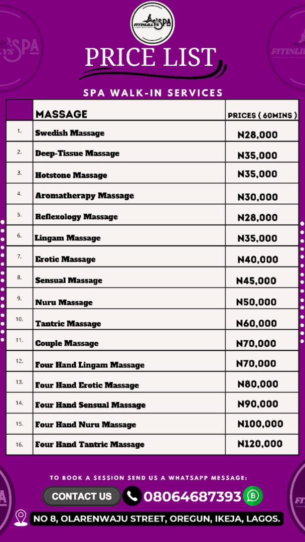 Spa Walk-In Services Price List
